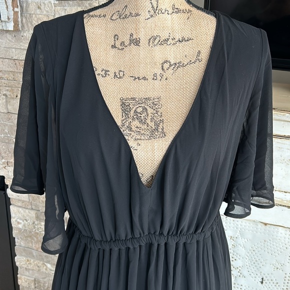 Show Me Your Mumu black chiffon bridesmaid dress full skirt flare short sleeve - Picture 3 of 16